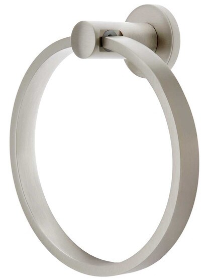 Modern Brass Towel Ring With Small Disc Rosette in Satin Nickel.